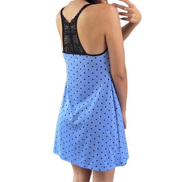 Apt.9 size small blue mini slip dress black polka dots sleeveless lace on back - Picture 2 of 12